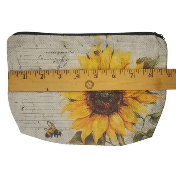 Vintage Sunflower Bee Cosmetic Bag Linen Script Botanical Makeup Pouch - Picture 7 of 8